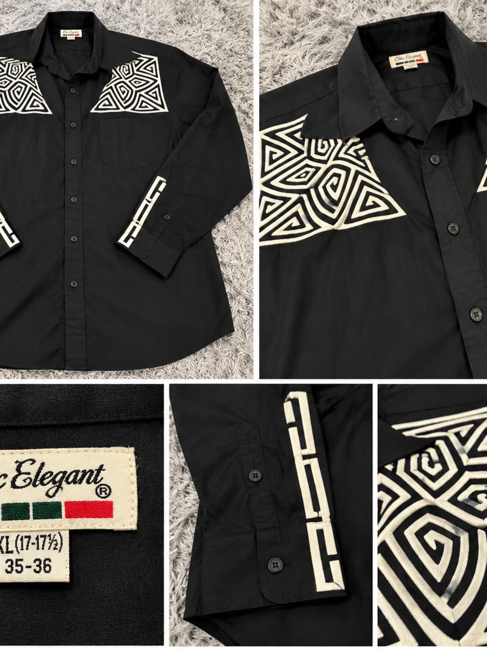 Men’s Black Button-Up Shirt with White Geometric Accents
